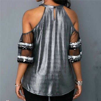 Women Mesh Sequins Blouse Tops New Lady Hollow Out Patchwork Fashion Shirts Off Shoulder Short Sleeve Summer Clothes Vogue Shirt